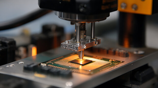Close-up detail of a complex microchip being tested by advanced robotic precision equipment in a modern semiconductor manufacturing facility
