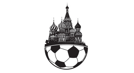 Soccer ball with illustrated Kremlin landmark silhouette and traditional onion domes for football fan city branding © fariya