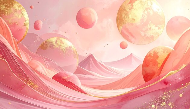 Surreal landscape with pink waves, floating orbs, mountain peaks and gold flecks against a soft sky