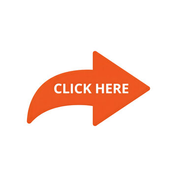 Orange 'click here' arrow icon download for website buttons and digital marketing isolated on transparent background