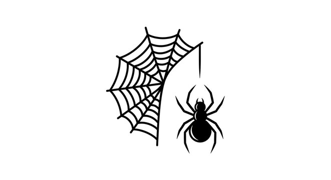 A black and white illustration of a spider hanging from a web on a white background