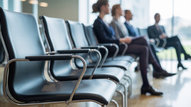 row of empty black leather chairs in modern office waiting room with blurred business candidates sitting in background, vacancy concept, concept of recruitment, job interview, hiring