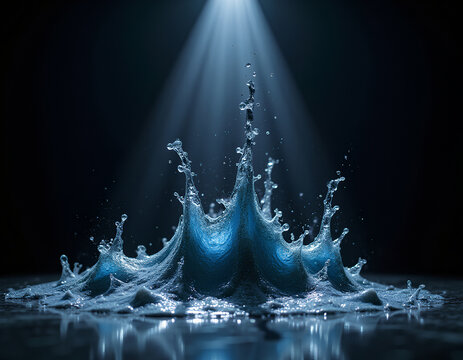 Abstract water crown splash in spotlight on dark background