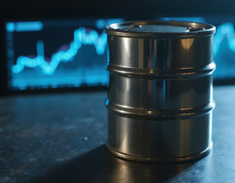Reflective metal oil barrel and abstract blue financial data