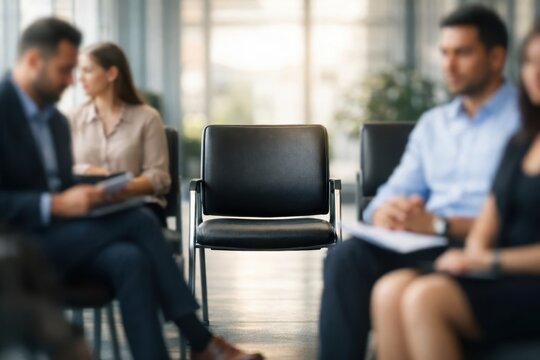 one empty black chair in focus among row of blurred diverse candidates with clipboards waiting in corporate office lobby, vacancy concept, concept of recruitment, job interview, hiring