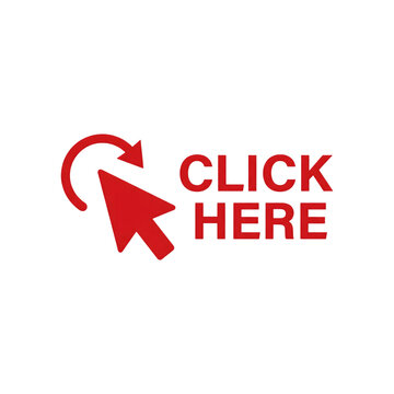 Click here arrow icon red digital button with curved arrow isolated on transparent background
