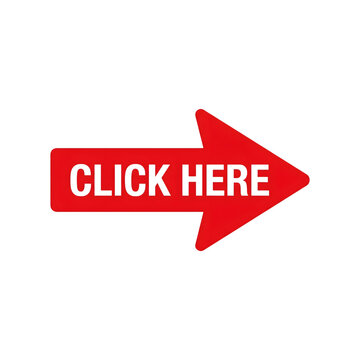 Red 'click here' arrow graphic design element isolated on transparent background