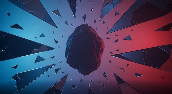 A dark, amorphous form surrounded by a fractured, geometric field of red and blue light