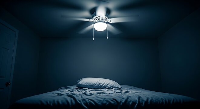A dimly lit bedroom, centered on a bed with a pillow, ceiling fan overhead