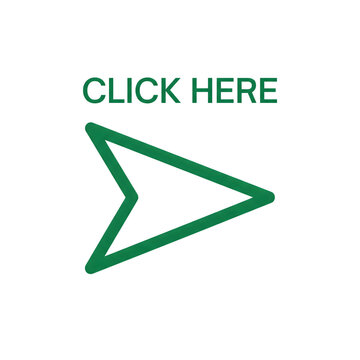 Neon 'click here' arrow glowing green button isolated on transparent background for web design