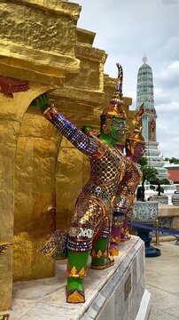 Bejeweled Demon Guardian Figures Holding Up Base of Chedi (Bangkok, Thailand)