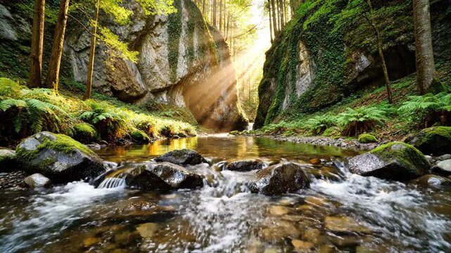 Golden sunlight streaming through a lush forest river canyon