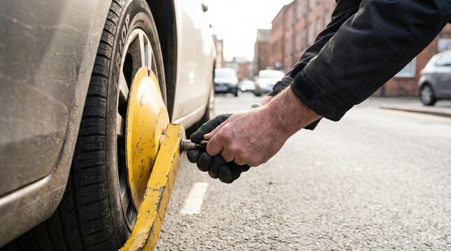 Parking enforcement officer hands locking a yellow wheel clamp onto a car tire on a city street
