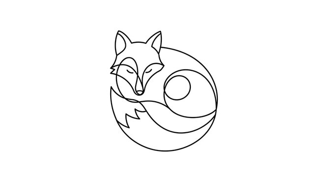 A minimalist line drawing of a curled fox in a relaxed posture, rendered in black