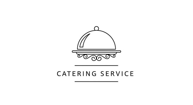 A minimalist line-art logo of a covered platter, catering service text below