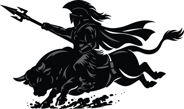 Spartan warrior riding a bull silhouette, ancient gladiator with spear and cape on charging animal, black vector mascot for sports and gaming