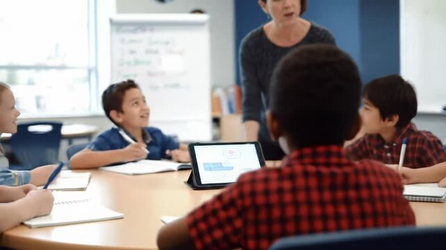 A dynamic wide video of diverse students (6-10) with their teacher in a modern, brightly lit classroom, engaged in collaborative learning via smooth tracking and close-ups, bright natural daylight,