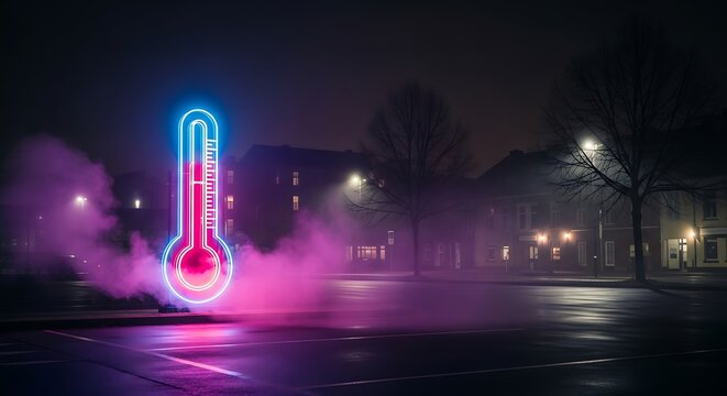 A neon thermometer glows in a parking lot, amidst fog and buildings at night