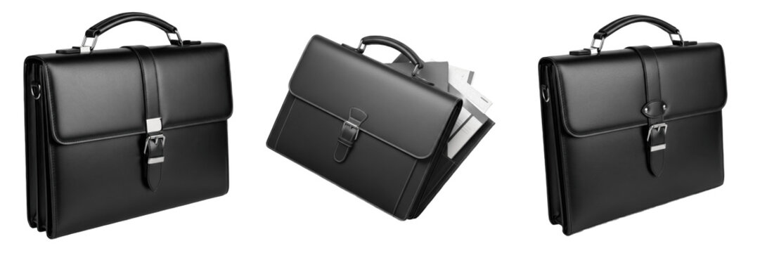 Set and collection of professional black business briefcase isolated on transparent PNG background