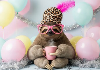 Fototapeta premium Funny sloth in pink glasses and leopard hat holding a coffee mug with balloons and tinsel