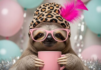 Fototapeta premium A cute sloth wearing a leopard print hat and pink glasses, holding a pink mug, in a festive setting with balloons