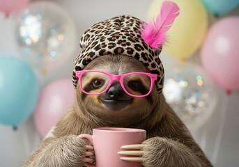 Fototapeta premium A whimsical sloth wearing a leopard print beanie and pink glasses holds a pink mug, surrounded by balloons