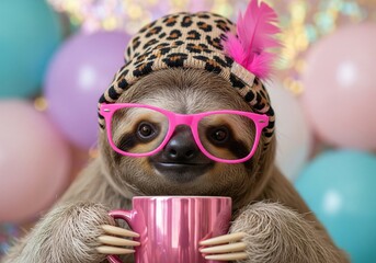 Fototapeta premium A cute sloth wearing a leopard print beanie and pink glasses holds a pink mug, sitting in front of pastel balloons