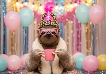 Fototapeta premium Cute sloth wearing party hat and glasses holding a pink mug at a birthday party