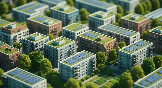 Aerial view of a sustainable, green-roofed housing development with solar panels