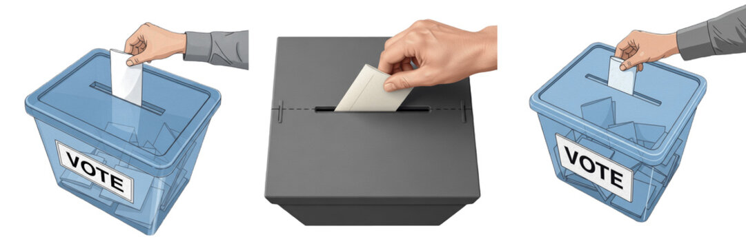 Set and collection of voting box with ballot paper isolated on transparent PNG background