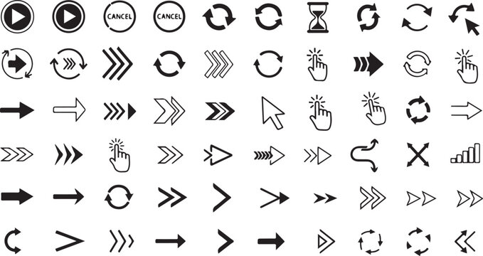 Hand drawn vector font alphabet set with black media player icons and arrow symbols for web design illustration collection