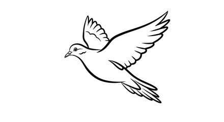 Obraz premium Black and white illustration of a dove in flight, wings spread, on a white background
