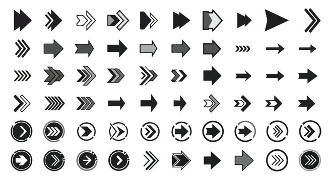 Black and white vector icons set featuring flat arrow symbols and business web buttons for internet direction and cursor pointer design elements
