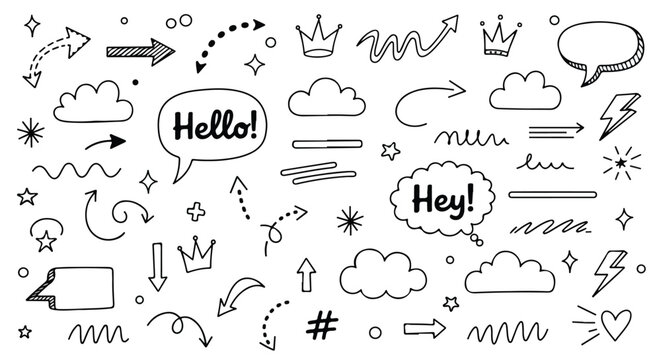 Vintage collection of hand drawn arrows set featuring vector sketch elements for comic speech bubble and cloud label design illustration