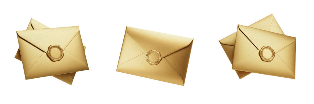Set and collection of luxury gold envelope isolated on transparent PNG background