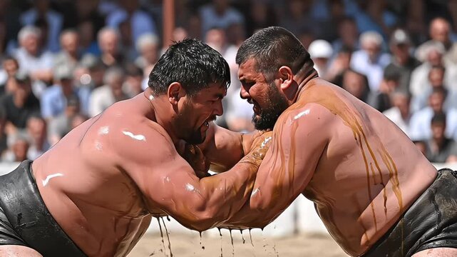 Two muscular men competing in a traditional Turkish oil wrestling match covered in olive oil grappling in front of a large crowd outdoors