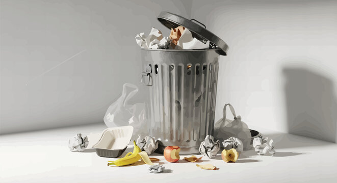 Trash can overflowing with garbage including food waste and crumpled paper on the floor around it