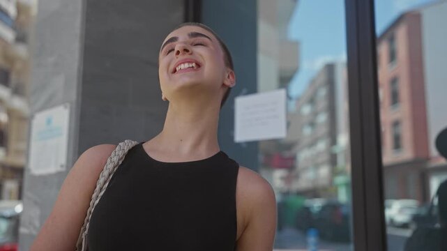 Woman with short hair smiling showing teeth, bare shoulder and braided bag strap, looking up on street; carefree joy.