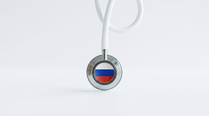 Naklejka premium Symbol of Health and Russia: A stethoscope dangles, its bell adorned with the colors of the Russian flag. This image signifies the concept of healthcare in Russia. 