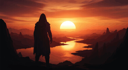 Obraz premium A hooded figure stands on a cliff overlooking a serene landscape at sunset with a river