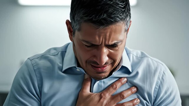 Close up portrait of middle-aged man receiving bad news reading document experiencing sudden chest pain and shock with dramatic cool lighting