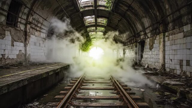 An eerie atmosphere pervades this abandoned train station platform, enveloped in smoke and overgrown with neglect.