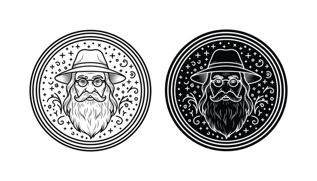 Wise wizard portrait in circular frame with mystical symbols vector illustration set featuring line art and solid black graphic styles for fantasy projects