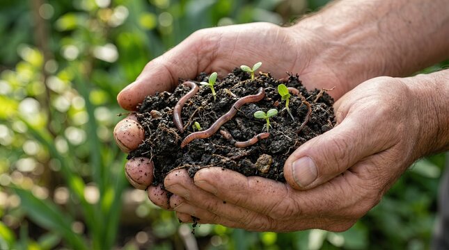 Hands holding rich soil with earthworms and sprouting seeds in renewal concept macro