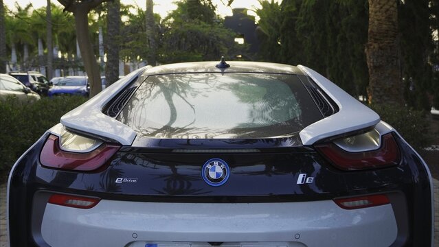 Maspalomas, Las Palmas, Canary Islands, Spain - April 13, 2024 - BMW i8 luxury sports car showing sleek design and plug-in hybrid technology, reflecting modern transportation and wealth