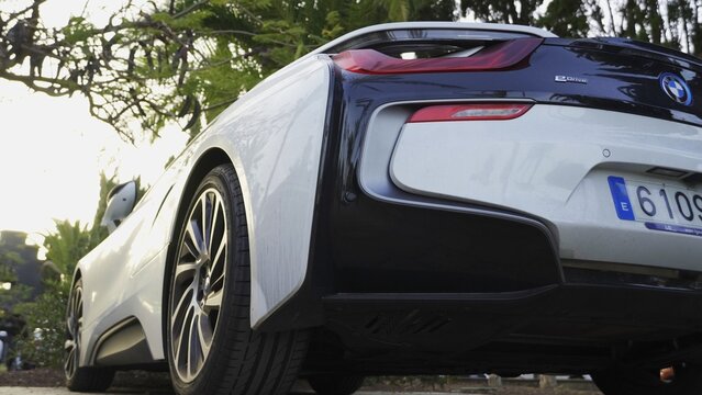 Maspalomas, Las Palmas, Canary Islands, Spain - April 13, 2024 - BMW i8 luxury sport car having a futuristic design, parked outdoors. Representing performance, technology, and sustainable driving