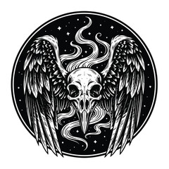 Obraz premium Black and white illustration bird skull.