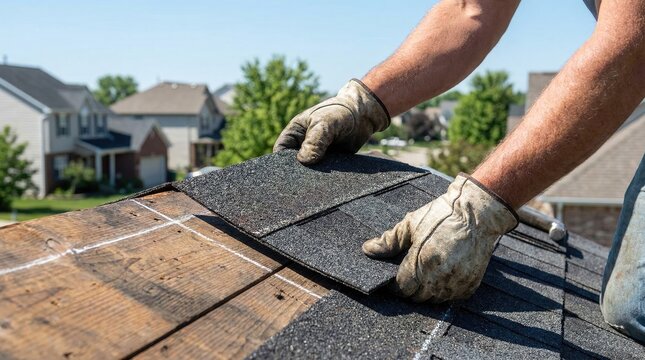 Construction worker wearing gloves laying black asphalt shingles on a wooden roof deck