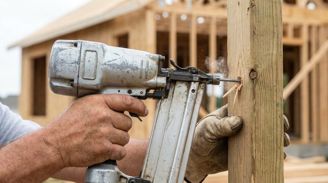 Carpenter wearing a protective glove using a pneumatic nail gun to fasten wooden building frames