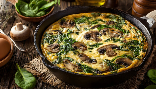 Frittata with spinach and champignon mushrooms in cast iron skillet